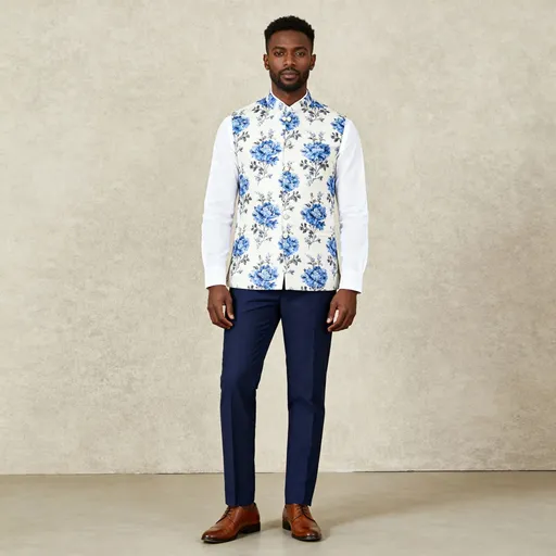 Prompt: A black Man in a formal Outfit wearing white formal shirt tucked in and navy blue pants and brown formal shoes and printed Nehru Jacket with blue floral designs on it.