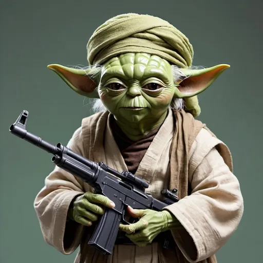 Prompt: Yoda with an ak-47, wearing a turban