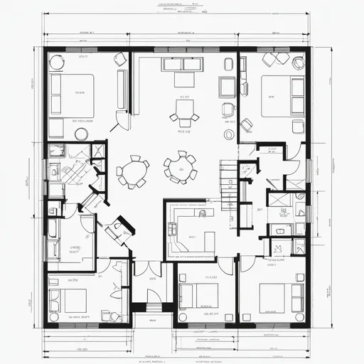 Prompt: A detailed CAD drawing of a residential floor plan.