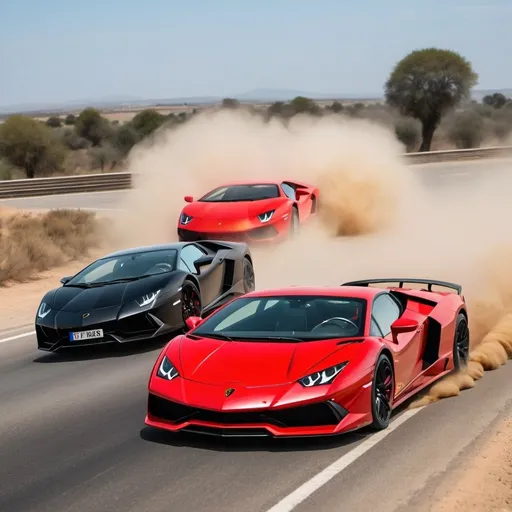 Prompt: a black lamborghini and a red farari car racing at the speed of 200 miles per hour on a turning main road skidding up dust