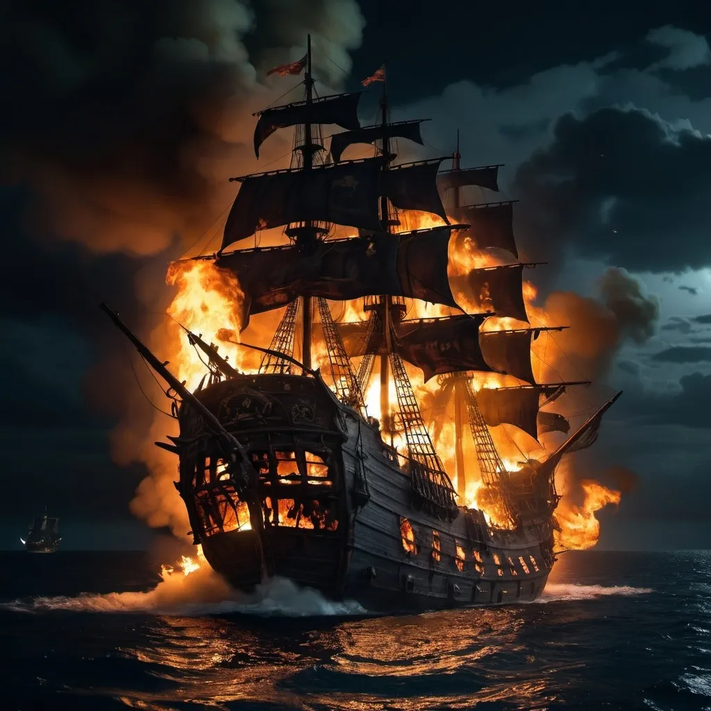 Prompt: a burning pirate ship following a battle at sea on a dark night