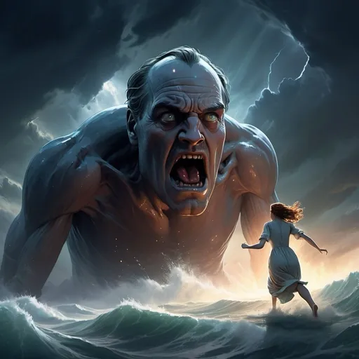 Prompt: A vast dreamlike plain, with a titanic giant lying at the center, his face expressing the fatigue and pain of a dying person in bed.A determined and stressed woman, running to escape the giant's gigantic hand, which follows her with difficulty.The atmosphere is tense and desperate, the colors are dark with flashes of light indicating the woman's powers.