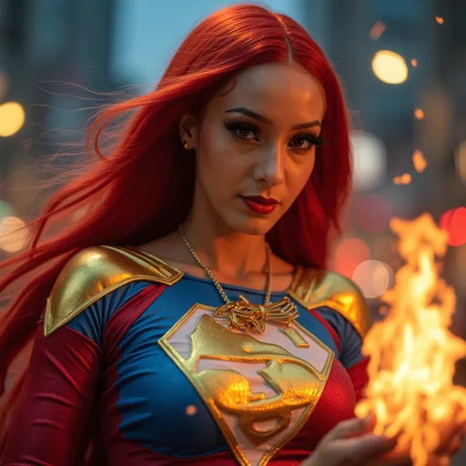 Prompt: @Q6t7dIjJBNimAQj31nKR  is a super hero saving her city at night. her costume is red, white, yellow and blue. her hair is straight long and red. she can shoot fire from her hands