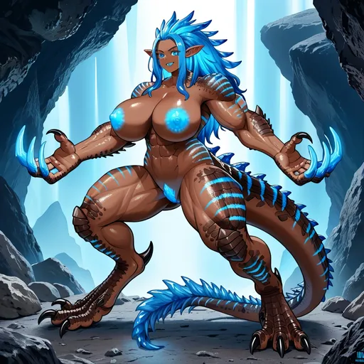 Prompt: Enormous dinosaur dragon girl, huge tall massively muscular woman, dark brown scaly skin, spiked rocky armored scales, rock monster, monstergirl, rough rock-like scale armor, hulking monstrous form, bioluminescence, neon blue glowing stripes, thick muscled thighs, digitigrade legs, pointed ears, sharp claws, blue crystal mane and spines