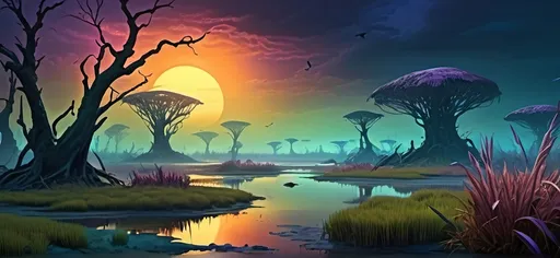 Prompt: (fantasy style), vibrant color scheme, huge haunted saltmarsh, lingering supernatural mist, colorful alien reeds, monstrous prehistoric birds, lush wetlands plantlife, vibrant prehistoric sky, mysterious avian creatures, mythical otherworldly reptiles, horror, [high depth cinematic fantasy] [vivid greens, blues, purples, and oranges], eerie atmosphere, [intricate details] [detailed background with wetlands and ancient trees], ultra-detailed, 4K, gloomy and foreboding ambiance
