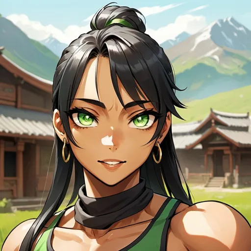 Prompt: Muscular Mongolian tomboy with dark skin and piercing green eyes, fantasy outdoor setting, anime style, strong and confident smile, detailed fantasy muscle definition, vibrant and rich natural colors, high quality, anime, fantasy, muscular, outdoors, dark skin, green eyes, vibrant colors, confident smile, muscular arms, short hair, cute, strong 