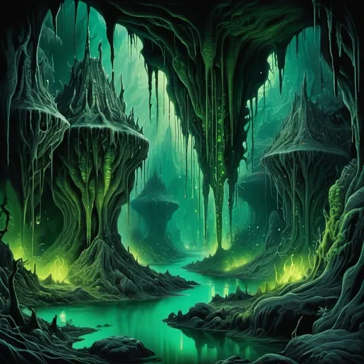 Prompt: Enormous sunless caverns with dripping eldritch slime, otherworldly luminous ooze, slimy rock formations, unearthly bioluminescent swamp, bubbling eldritch mire, MC Escher, hrgiger, Lovecraft, dark and mysterious lighting, highres, detailed, eerie, bioluminescent, Lovecraftian, Escheresque, mysterious lighting