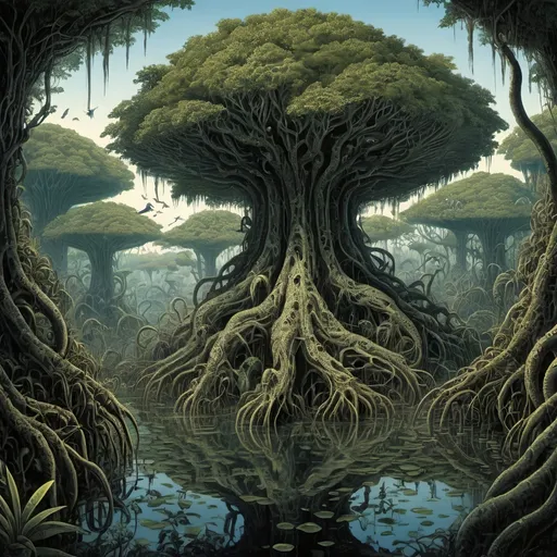 Prompt: Expansive eldritch swamp, lush prehistoric jungle, vibrant colorful flora, gigantic towering mangrove trees, dense leafy branches, massive arching roots, towering labyrinthine roots, dense canopy, strange bugs, exotic birds, ancient reptiles, vast swarming waters, mcescher, hrgiger, Lovecraftian 