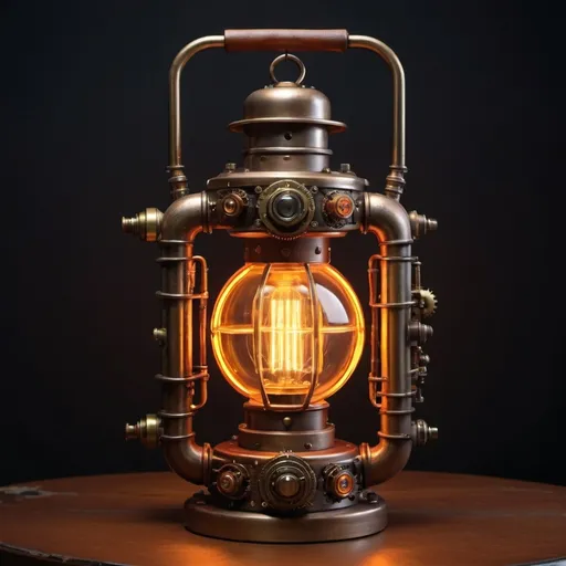 Prompt: Steampunk atompunk lantern, leather grip handle, vibrant color scheme with potent radiant neon glows, powerful radiant luminous glowing plasma lantern, futuristic-retro futurism style, ultra-detailed mechanical intricacies, powerful warm neon light emanation, atmospheric mysticism, intricate gears and tubes, heavy brass and chromatic elements, slightly worn textures to give a vintage feel, intricate gear and mechanical details, glowing lights, metallic textures, glass accents, vibrant warm radiant neon colors, rich contrasts, dramatic lighting, intricate metallic textures, glowing tubes and gears, glowing atompunk technology, warm golden hues with contrasting neon accents, high depth cinematic masterpiece, visually captivating, radiating antique charm and modern innovation fusion, richly detailed eclectic gizmos, steampunk, atompunk, simple rugged wood background, hyper-realistic glow, cinematic depth, 4K resolution.