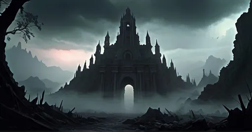 Prompt: Enormous foggy Ancient (ruined Lovecraftian city), labyrinthine Gigeresque ruins, intricate escheresque architecture, haunted fog-covered streets, ominous misty mountain peaks, dense eldritch fog, dark misty jungle reclaiming the city, oppressive darkness, horror, fantasy style, dark color scheme, grim atmosphere, somber lighting, ultra-detailed, cinematic masterpiece, high depth, eerie and creepy ambiance, twilight sky with dark clouds, ultra-detailed 4K, HD.