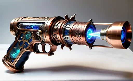 Prompt: Steampunk atompunk plasma blaster, intricately detailed designs in copper chrome and brass, hardwood inlays, polished leather grip, iridescent burning beam of energy, overly complicated machinery, intricate glowing atompunk technology, pulsing iridescent blast of plasma, tesla coil gun, Tesla beam, blue fire and iridescent lightning 