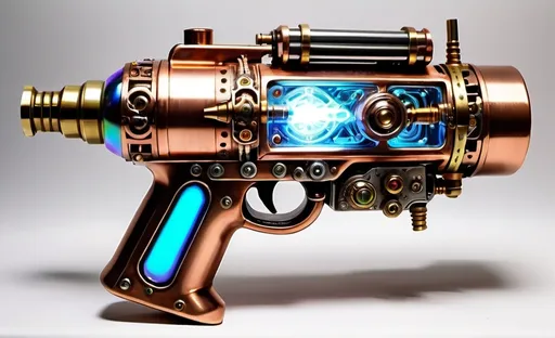 Prompt: Steampunk atompunk plasma blaster, intricately detailed designs in copper chrome and brass, iridescent burning beam of energy, overly complicated machinery, intricate glowing atompunk technology, pulsing iridescent blast of plasma, tesla coil gun