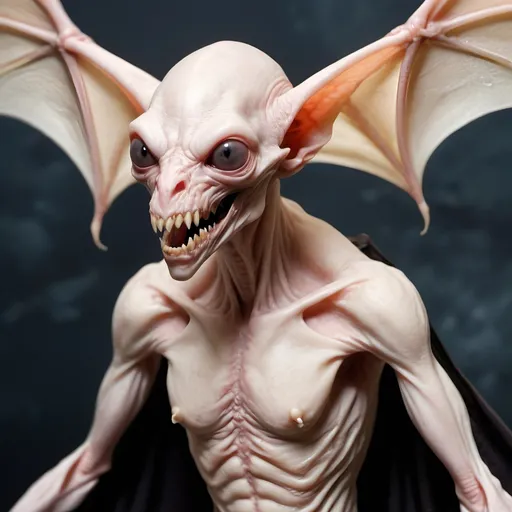 Prompt: Albino Chiropteran vampire, pale hairless skin, subterranean bat monster 