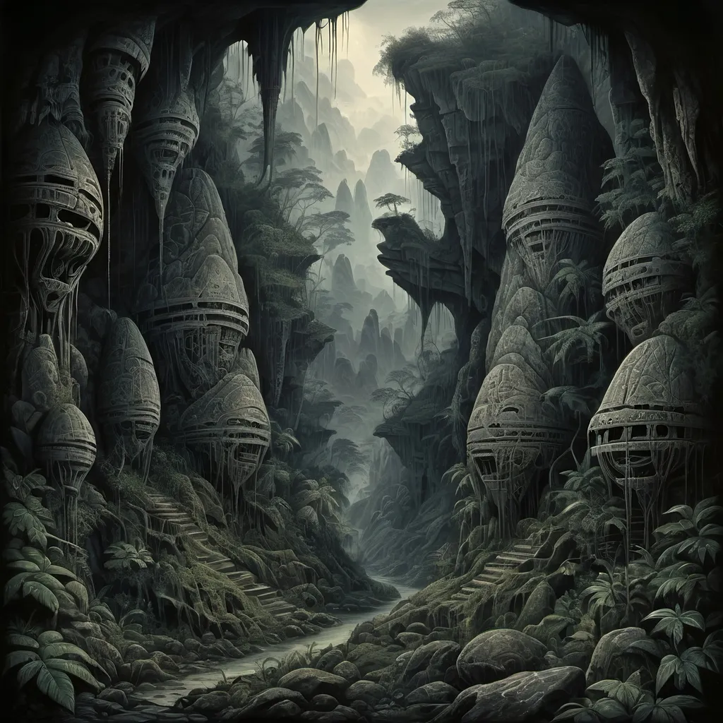 Prompt: Savage primordial rainforest, rocky mountainous terrain, ominous rock paintings, jagged rock formations, tribal rock paintings, hr giger, mcescher, highres, ultra-detailed, surreal, dark tones, intricate details, mysterious ambiance, atmospheric lighting