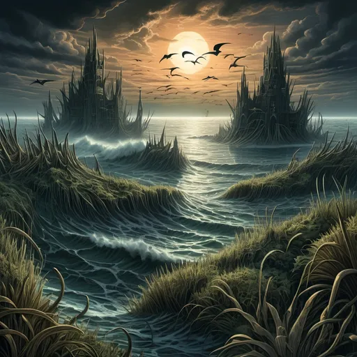 Prompt: Vast, primordial coastline with expansive lush marshlands, dense tall reeds, and boundless otherworldly waters, vibrant prehistoric sky, mysterious eldritch grass, strange prehistoric seabirds soaring, shark fin breaking the surface, hrgiger, mcescher, Lovecraft, highres, detailed, surreal, eerie atmosphere, eldritch aesthetic, vibrant and mysterious hues, intricate textures, atmospheric lighting