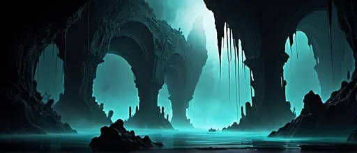 Prompt: Fog shrouded bioluminescent subterranean sea, (ancient alien Lovecraftian ruins) rising from murky depths, (dense softly glowing eldritch fog), thick swirling mist, shadows in the water, (monsters lurking beneath the waves), mist fading into blackness, haunting atmosphere, (black dripping stalactites), dark color scheme, sinister ambiance, (highly detailed), surreal and eerie visuals, (cinematic lighting), horror elements throughout.