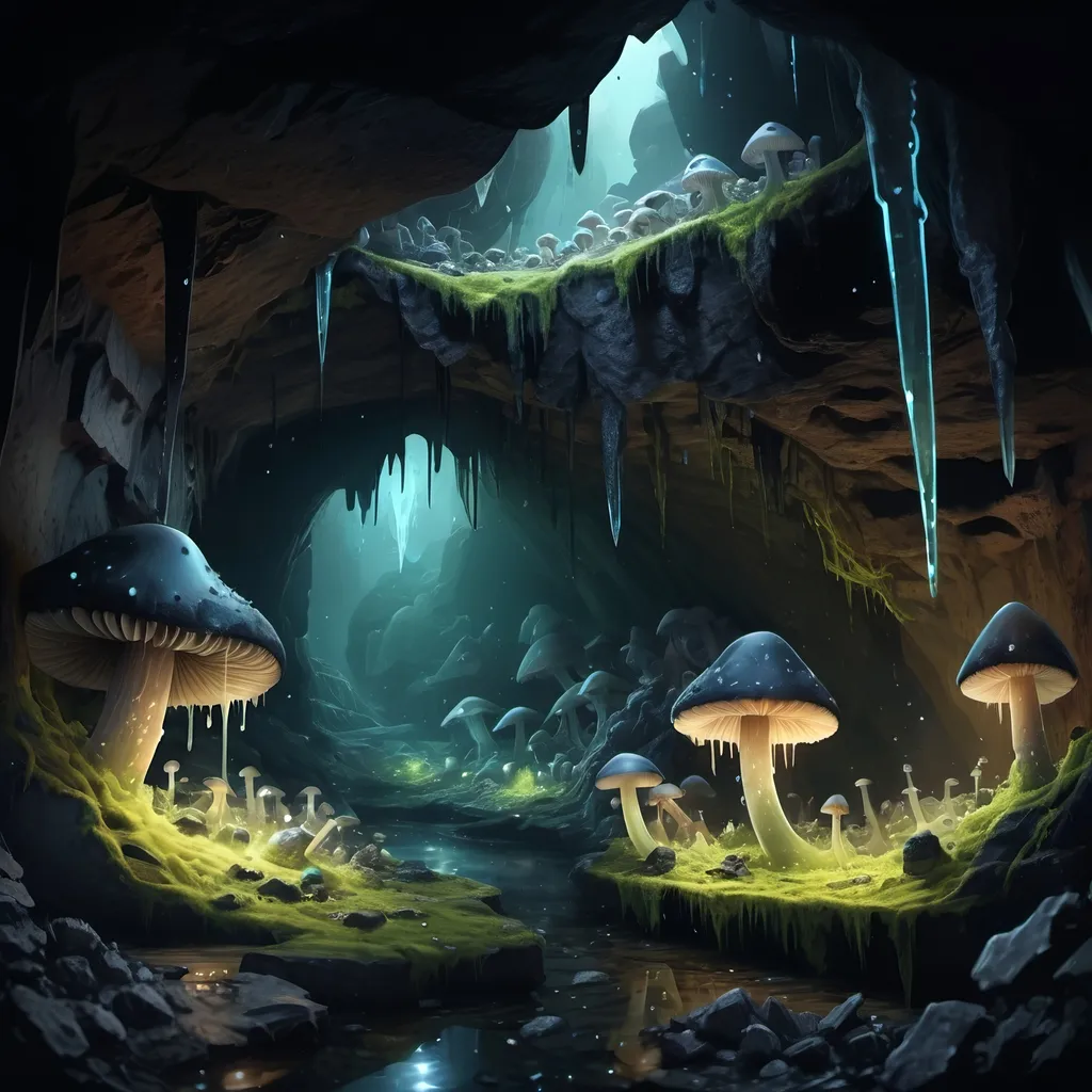 Prompt: Dark cave, dark twisting tunnels, glowing crystals, radiant crystals, dark, mysterious rock formations, cave life, fungus, cavern ecosystem, shining crystals, crystal cavern, slime, moss, slimy, bugs, dripping, eerie mist