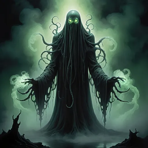 Prompt: Eldritch wraith, bioluminescent slime, eldritch ooze, translucent goo, ethereal mucus, bubbling muck, eerie luminous wisps, luminous otherworldly vapors, will-o'-the-wisps, ectoplasm, ((dense swirling ectoplasmic fog))), (((heavy ghostfire mist))), (((shrouded in thick swirling fog))), otherworldly supernatural mist, dark haze, shadowy ectoplasm, tendrils, (((flowing vaporous ectoplasm))), (((shadow and mist))), (((ethereal))), eldritch, (((shadowy eldritch tendrils))), (((fading into darkness and vapor))), ectoplasmic vapor, (sinister atmosphere), rich contrasting tones, inky ethereal textures, (dark, moody lighting), high definition, gothic painting 