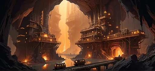 Prompt: Epic scale, Deep cavernous subterranean mining operation, steampunk atompunk mining equipment and vehicles, overly complicated machinery, glowing atompunk technology, towering radiant crystal formations, enormous rock formations,