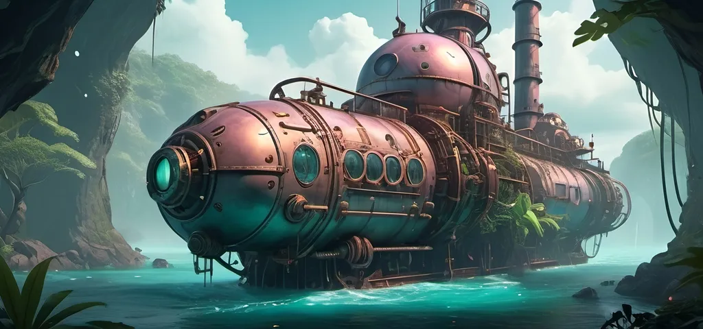 Prompt: futuristic-retro Steampunk atompunk ship, exploration vessel, (portholes), overly complicated machinery, billowing smokestacks, glowing atompunk technology, gun turrets, deck guns, eldritch jungle river, steampunk, atompunk, pastel color scheme, ethereal atmosphere, ambient lighting, fantasy jungle background with mysterious flora, dreamy mist, ultra-detailed, cinematic quality, high definition, 4K masterpiece, intricate details, dramatic light and shadows