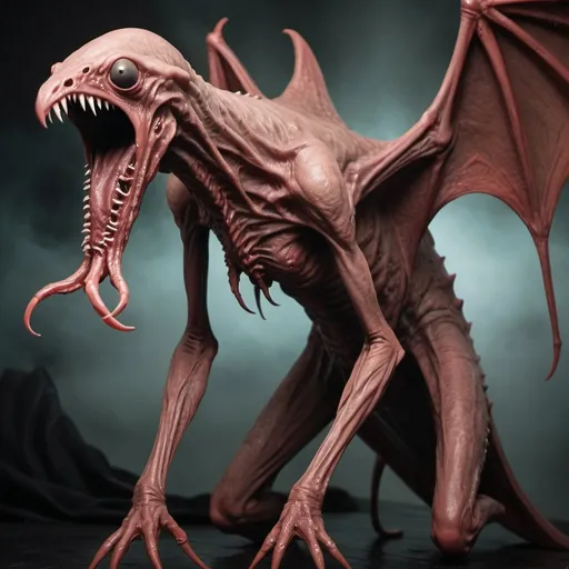 Prompt: Lovecraftian Gigeresque chiropteran monster, slimy hairless skin, carnivorous eldritch chiropteran, chiropteran horror, long limbs and fingers, chiropteran creature, superb chiropteran monster, dense haunted fog