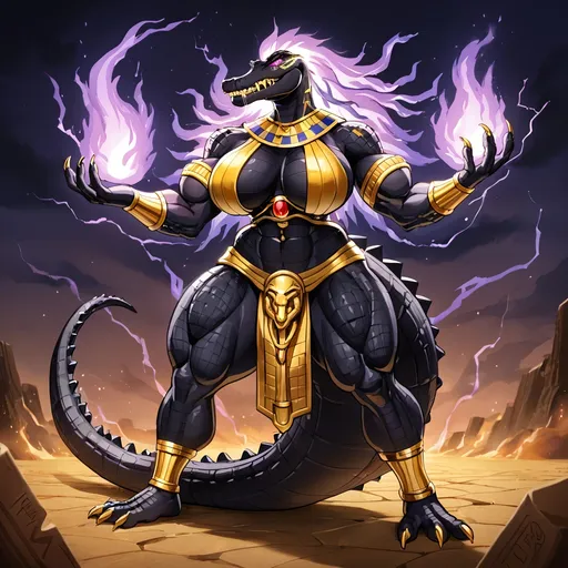 Prompt: (((Egyptian crocodile monster, maned crocodile goddess, alligator))), anthro (((futanari, black scales, dark purple))), (((long powerful arms, long tail, gold teeth and claws, golden jewelry and designs))), crocodile futanari, futa, saurian, huge gold teeth, powerful, monstrously huge and muscular, fat, glowing burning purple mane, Godzilla, dinosaur, (((massively muscular))) dinosaur woman, (((dark power))), towering, crocodile demon, mane of dark purple supernatural fire, black lightning, (((burning mane made of purple fire, death magic))), glowing golden eyes, dark goddess, (((hyper thighs))), underworld, (((shadow magic))), clawed feet, (((high quality, high detail)))