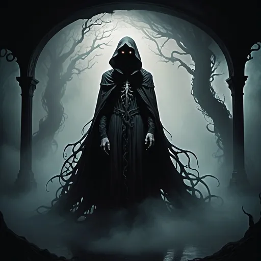 Prompt: silhouette illustration style, (dark eldritch figure), (((shrouded in thick swirling fog))), otherworldly supernatural mist, dark haze, mysterious dark god, wreathed in shadowy ectoplasm, (((faceless and obscured))), unknowable and unnameable, (((one with the shadow and mist))), veiled in fog, flesh made of shadow, (((ethereal))), (((shrouded, cloaked in darkness and haze))), eldritch, shadowy eldritch tendrils, (((figure fading into darkness and vapor))), (((enveloped in fog and shadow))), (sinister atmosphere), rich contrasting tones, (dark, moody lighting), high definition, gothic painting 