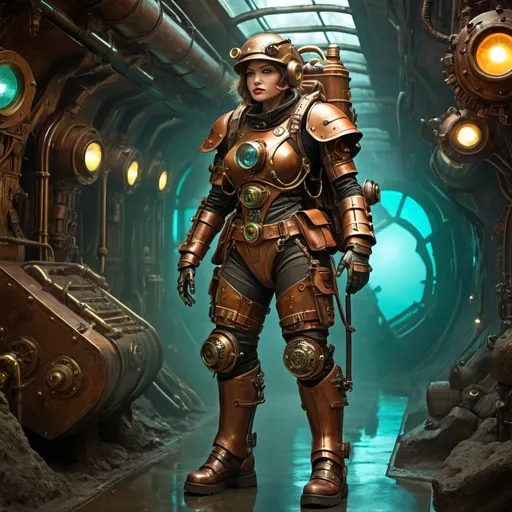 Prompt: futuristic-retro futurism soldier in steampunk atompunk power armor on subterranean expedition, (((Butch woman))), (towering Amazonian) stature, vibrant color scheme, glowing atompunk technology, intricately detailed bronze brass and chrome, overly complicated machinery, armored trenchcoat and backpack, armored leather pants and greaves, surreal atmosphere, rich textures, high saturation, (ultra-detailed), dynamic composition, striking contrasts in lighting.