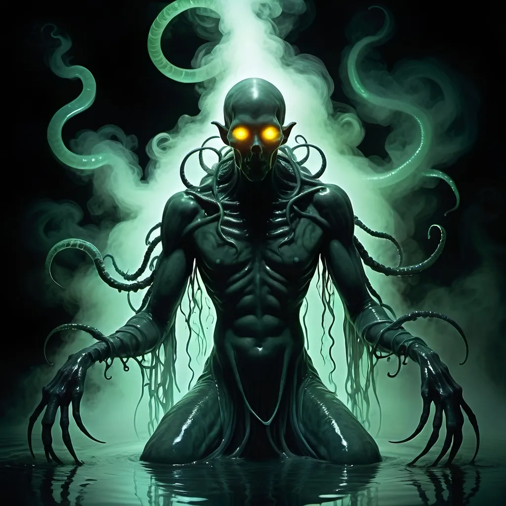 Prompt: Centipede man, serpentine, man with the lower body of a centipede, centipede deity, demon god, lamia, centipede lamia, rising up from a misty pool of bubbling slime, bioluminescent slime, eldritch ooze, translucent goo, ethereal mucus, bubbling muck, eerie luminous wisps, luminous otherworldly vapors, will-o'-the-wisps, ectoplasm, ((dense swirling ectoplasmic fog))), (((heavy ghostfire mist))), (((thick swirling fog))), otherworldly supernatural mist, dark haze, shadowy ectoplasm, tendrils, (((flowing vaporous ectoplasm))), (((shadow and mist))), veiled in fog, (((ethereal))), shrouded, (((darkness and haze))), eldritch, (((shadowy eldritch tendrils))), (((darkness and vapor))), ectoplasmic vapor, (sinister atmosphere), rich contrasting tones, inky ethereal textures, (dark, moody lighting), high definition, gothic painting,  