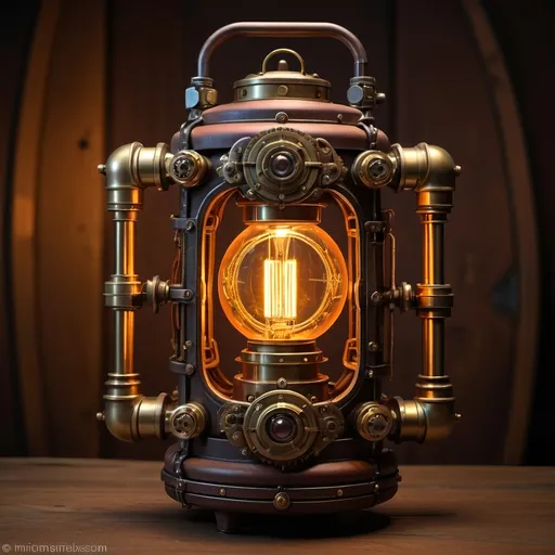 Prompt: Steampunk atompunk lantern, leather grip handle, vibrant color scheme with potent radiant neon glows, powerful radiant luminous glowing plasma lantern, futuristic-retro futurism style, ultra-detailed mechanical intricacies, powerful warm neon light emanation, atmospheric mysticism, intricate gears and tubes, heavy brass and chromatic elements, slightly worn textures to give a vintage feel, intricate gear and mechanical details, glowing lights, metallic textures, glass accents, vibrant warm radiant neon colors, rich contrasts, dramatic lighting, intricate metallic textures, glowing tubes and gears, glowing atompunk technology, warm golden hues with contrasting neon accents, high depth cinematic masterpiece, visually captivating, radiating antique charm and modern innovation fusion, richly detailed eclectic gizmos, steampunk, atompunk, simple rugged wood background, hyper-realistic glow, cinematic depth, 4K resolution.