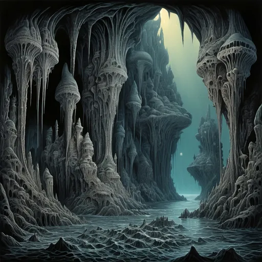 Prompt: Vast subterranean sea, boundless dark waters, expansive rocky shoreline, cavernous murky abyss, dripping bioluminescent stalactites, towering rock formations, Lovecraft, hrgiger, mcescher 