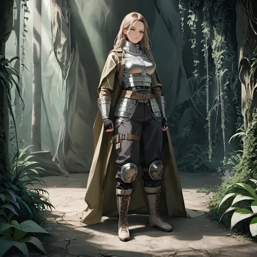 Prompt: Butch woman, (rugged badass) with steampunk and atompunk armor, towering Amazonian stature. Muscular and athletic, featuring (glowing atompunk technology), wearing a trenchcoat and backpack, armored leather pants and greaves. Addition of (intricately detailed brass and chrome) elements. Set against a (dense jungle expedition) backdrop, filled with exotic plants and sunlight filtering through the canopy. Emphasize a high quality, (ultra-detailed, cinematic) atmosphere.