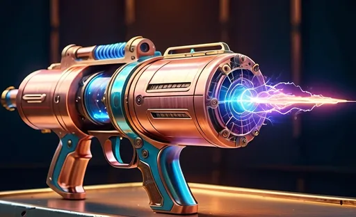 Prompt: (futuristic-retro futurism steampunk plasma blaster), intricately detailed designs, (copper chrome and brass), vibrant color scheme, iridescent burning beam of energy, overly complicated machinery, (intricate glowing atompunk technology), pulsing iridescent blast of plasma, (tesla coil gun), Tesla beam, (blue fire) and (iridescent lightning), ultra-detailed, cinematic atmosphere, dynamic composition.