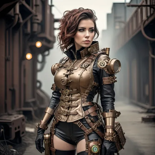 Prompt: Woman soldier in steampunk atompunk power armor, overly complicated machinery,  intricate glowing atompunk technology, steampunk atompunk armored trenchcoat and backpack, armored leather pants, greaves, intricately detailed bronze brass and chrome, 
