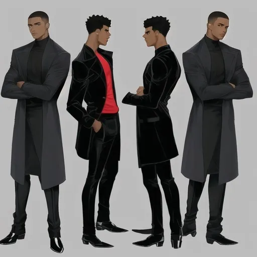 Prompt: Character turn around, multiple poses, front, side, back angled view of Gio Nunn he is an  dark skinned, African American male has clean cut, short, low, haircut fade style smooth charismatic in long black trench opened with a with t-shirt showing, very stylish coat black slacks and black shoes 