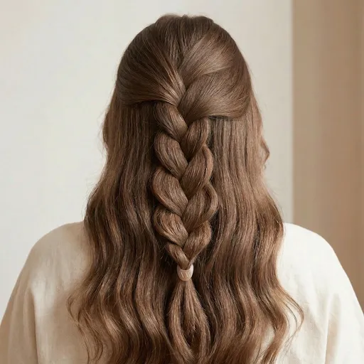 Prompt: [photograph]
[use the provided image only as base input]

[preserve entire composition exactly as is]
[preserve framing, crop, and camera angle]
[preserve hairstyle fully: half-up braid structure, braid thickness, wave pattern, strand flow]
[preserve hair color, highlights, texture, and natural shine]
[preserve background color and gradient]
[preserve clothing color, fabric, and fit]
[preserve lighting direction, softness, and warmth]
[preserve depth of field and realism]

[hairpin location: centered at the end of the braid, vertically aligned with braid axis]
[preserve exact hairpin position relative to braid]
[preserve hairpin size, proportions, thickness, and curvature]
[preserve hairpin color exactly as is]
[preserve hairpin material finish and surface reflections]

[edit hairpin text only]
[remove existing text on hairpin]
[replace text with clean engraved "VV"]
["VV" must be centered on hairpin face]
["VV" color: subtle gold, not bright, not reflective]
[text engraving must feel embossed or engraved, not printed]

[do not move the hairpin]
[do not rotate the hairpin]
[do not resize the hairpin]
[do not change hairstyle in any way]
[do not add or remove hair strands]
[do not add additional pins or accessories]
[do not change contrast, sharpness, or saturation]

[premium lifestyle aesthetic]
[natural, believable product integration]