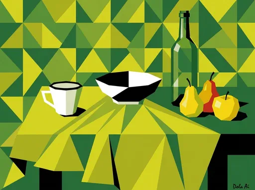 Prompt: This is a digital painting in a geometric style, characterized by the use of sharp, angular shapes and a limited color palette. The image depicts a table covered with a yellow-green cloth, which is draped in a way that creates a series of overlapping, triangular shapes. On the table, there is a white cup with a black rim placed on the left, a black and white bowl in the center, and a green glass bottle standing upright on the right. Additionally, there are three pieces of fruit: a yellow pear, a red and yellow pear, and a yellow apple, all positioned towards the right side of the table. The background features a repeating pattern of green and yellow triangles, creating a sense of depth and dimension. The artist's signature, "Dola Ai," is located in the bottom right corner of the image. The overall color scheme is dominated by various shades of green and yellow, with black and white accents. The geometric shapes and angular lines give the painting a modern, abstract feel, while the simplicity of the objects on the table provides a sense of calm and balance.