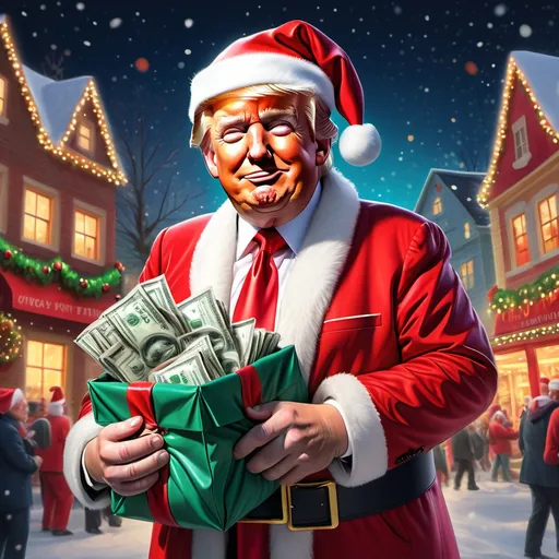 Prompt: (hand painted), funny image of Trump wearing a Santa Claus costume, carrying a bag full of money, bright character expression, humorous pose, whimsical background with festive decorations, vibrant colors, warm lighting, ultra-detailed, 4K resolution, cheerful atmosphere, blending political satire with holiday spirit, charmingly exaggerated features.