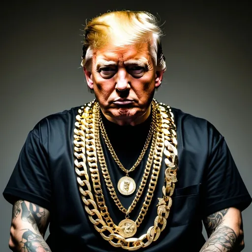 Prompt: Trump as a gangsta rapper, with gold chains around his neck and tattoos