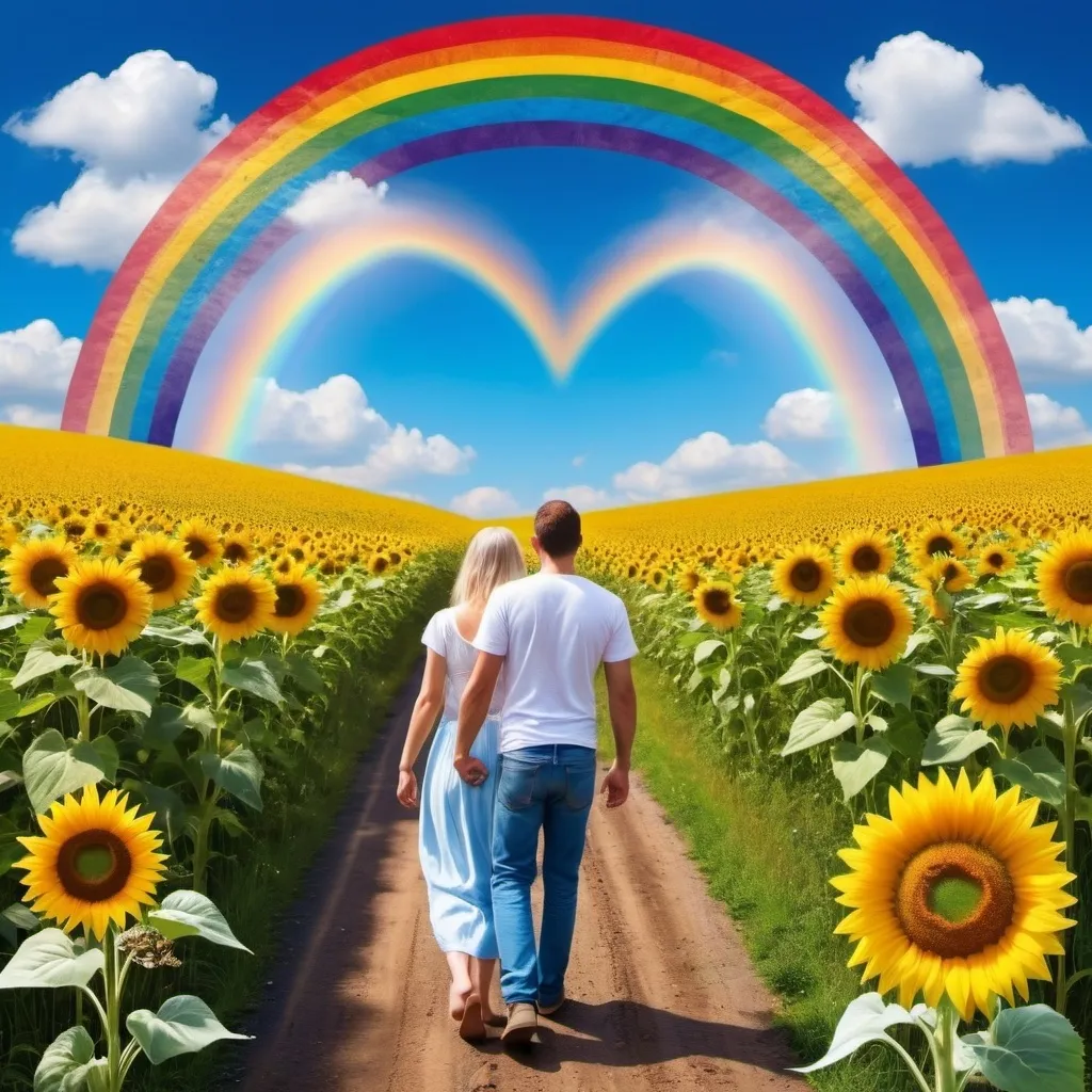 Prompt: a beautiful rainbow crossing a beautiful blue sky. Books, sunflowers and hearts fall from the rainbow. on earth a man and a woman collect them