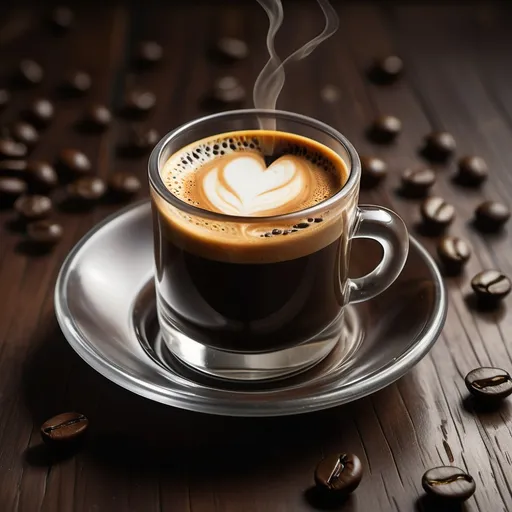 Prompt: "A hyper-realistic, close-up view of a freshly brewed espresso in a small, transparent glass cup on a dark wooden saucer. The espresso has a rich, dark brown color with a thick, golden crema layer on top, showcasing its intense flavor. The cup is surrounded by scattered coffee beans on the wooden surface, adding warmth and depth to the scene. The background is softly blurred, with hints of a cozy coffee shop ambiance. The lighting highlights the glossy texture of the espresso and the contrast between the dark coffee and the golden crema, creating a rich and inviting atmosphere."