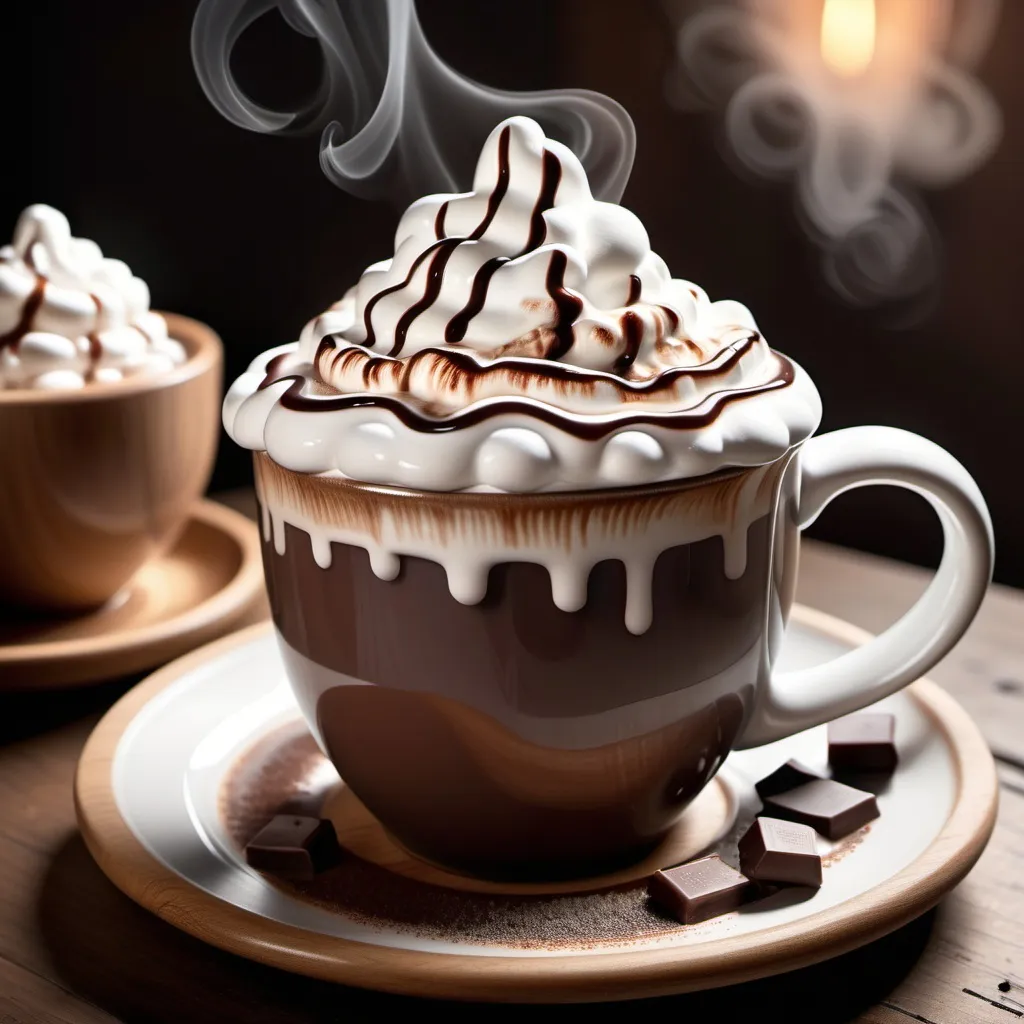 Prompt: "A hyper-realistic, close-up view of a steaming hot chocolate in a white ceramic cup on a wooden saucer. The hot chocolate has a rich, dark brown color, topped with a layer of whipped cream or foam and a drizzle of chocolate syrup. There are a few mini marshmallows scattered on top for added texture and sweetness. Wisps of steam rise from the cup, creating a warm, cozy feel. The background is softly blurred, suggesting a rustic café atmosphere, with hints of wooden textures and scattered chocolate pieces or cocoa powder nearby. The lighting emphasizes the smooth, creamy texture and deep chocolate color, making it look rich and inviting."
