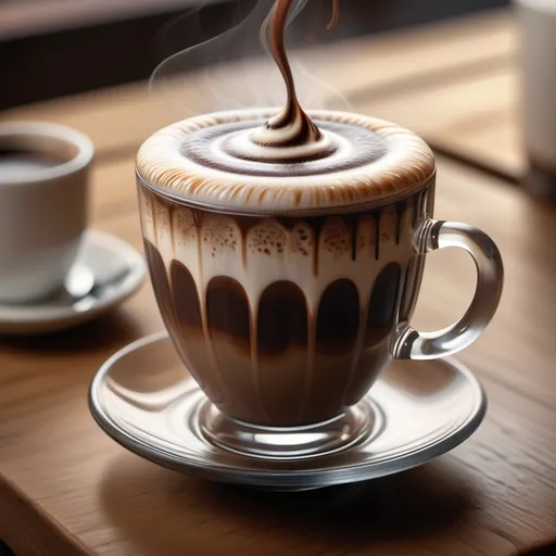 Prompt: "A hyper-realistic, close-up view of a hot mocha in a transparent glass coffee cup on a wooden saucer. The mocha has a rich, dark chocolate color with a swirl of creamy foam on top, elegantly blended with a drizzle of chocolate syrup. Wisps of steam rise from the drink, adding warmth and depth to the scene. The background is softly blurred, with hints of a cozy coffee shop ambiance and scattered coffee beans nearby. The lighting highlights the contrast between the dark chocolatey mocha and the creamy swirl, creating a warm, indulgent atmosphere."