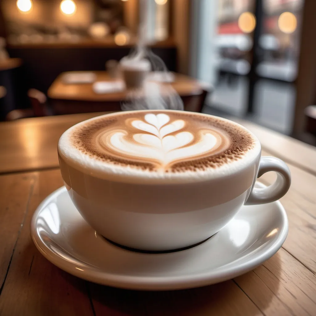 Prompt: "A hyper-realistic, close-up view of a frothy cappuccino in a white ceramic cup on a wooden saucer. The cappuccino has a thick layer of velvety foam on top, with a dusting of cocoa powder for added texture and flavor. Subtle steam rises from the drink, adding warmth to the scene. The background is softly blurred, with hints of a cozy café atmosphere, including scattered coffee beans and soft lighting. The lighting highlights the contrast between the creamy foam and the rich brown color of the coffee beneath, creating a warm and inviting look."