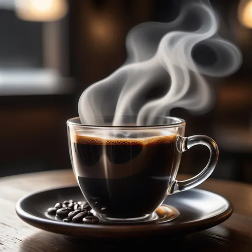 Prompt: "A hyper-realistic, close-up view of a steaming black coffee in a simple, transparent glass cup on a dark wooden saucer. The coffee has a rich, deep black color with a smooth surface and subtle reflections. Wisps of steam rise from the coffee, creating a warm and inviting atmosphere. The background is softly blurred, with hints of a rustic coffee shop setting and scattered coffee beans nearby. The lighting highlights the dark, glossy texture of the coffee, contrasting with the warmth of the wooden saucer and the cozy ambiance."
