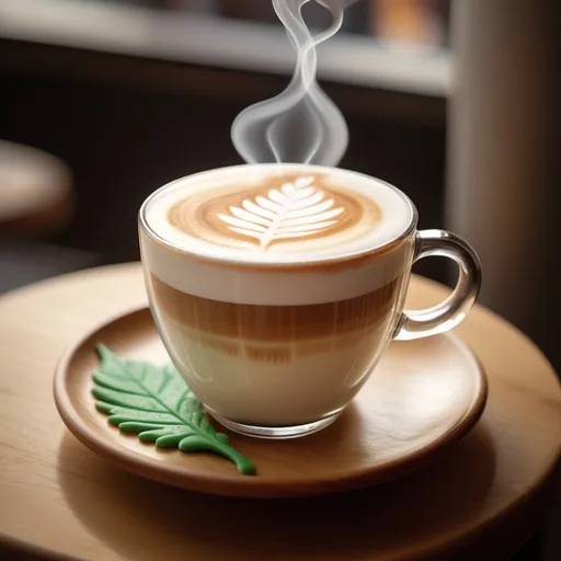 Prompt: "A hyper-realistic, close-up view of a latte in a transparent glass coffee cup on a wooden saucer. The latte has smooth, frothy milk with intricate latte art in the shape of a leaf on top. Wisps of steam rise from the hot drink, adding warmth and depth to the scene. The background is softly blurred, with hints of a cozy coffee shop ambiance, dark wooden textures, and scattered coffee beans for a natural, rustic feel. The lighting highlights the rich brown tones of the coffee, contrasting with the creamy white of the foam, creating a warm, inviting atmosphere."
