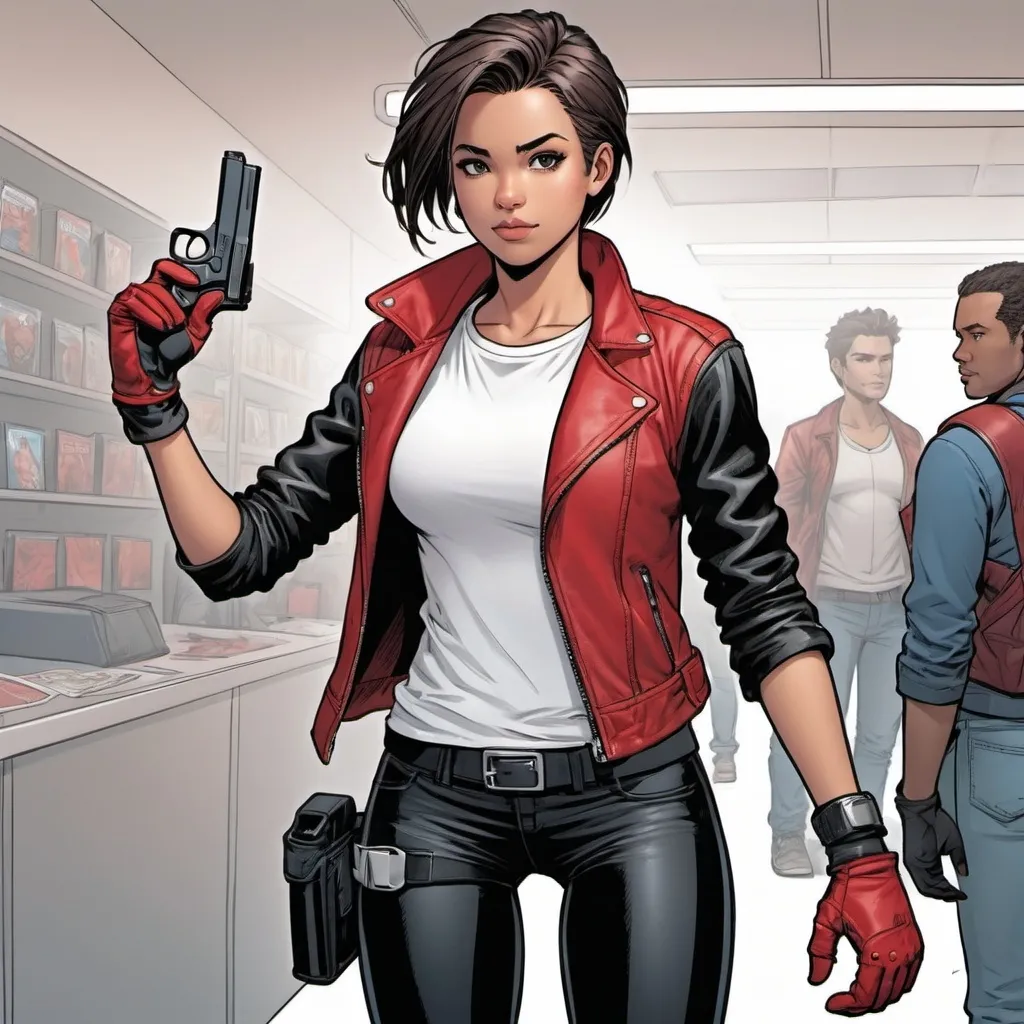 Prompt: A girl in a white t-shirt and red leather jacket, wears fingerless gloves and casually holds a holster.  He is wearing black leggings and sneakers.  With a healthy body, he's ready for any adventure that comes his way, with AI to accompany him on his way. comic book