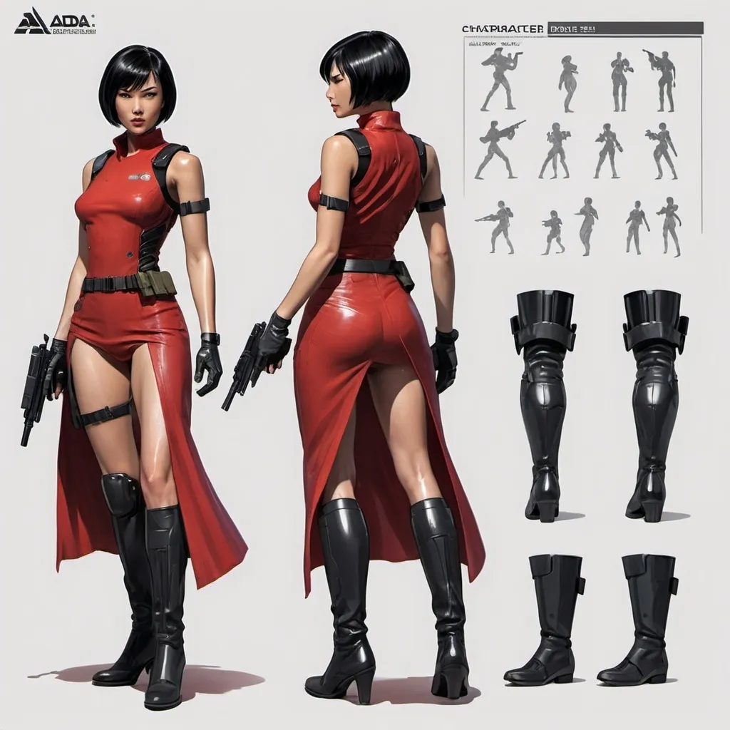 Prompt: Character design sheet An advanced artificial intelligence is observing a female commando.  With short black hair and a long red dress, she is advancing in a ready and eager manner.  Her hand is holding a short glove and black high-heeled boots are moving steadily.  In his hand is a professional handgun, ready to use for any mission.  He is like ada wong.