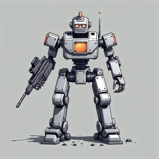 Prompt: a 2d pixel drawing of a robot with a gun front orthographic view