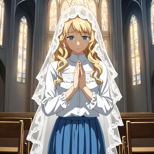 Prompt: anime, girl, long curly blonde hair, white lace veil on head, blue eyes, maxi skirt, ruffled white blouse, praying, folded hands, holy, pure